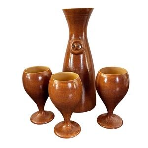 Vintage The Pottery‎ Hawaii Carafe Decanter With Cups Gold Vintage Glaze